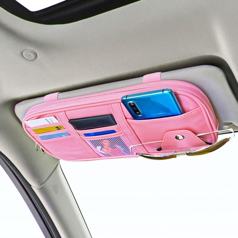 Da by Car Sun Visor Organizer Auto Interior Accessories Visor Pocket Organizer Car Truck Visor Storage Pouch Holder with Multi-Pocket Double Zippers New (Pink) - Image 1